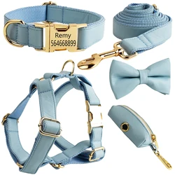 Dog Collar Name Personalized Custom Dog Harness and Leash set for Small Medium Dogs Collar and Leash Bowtie PU Leather Poop Bag