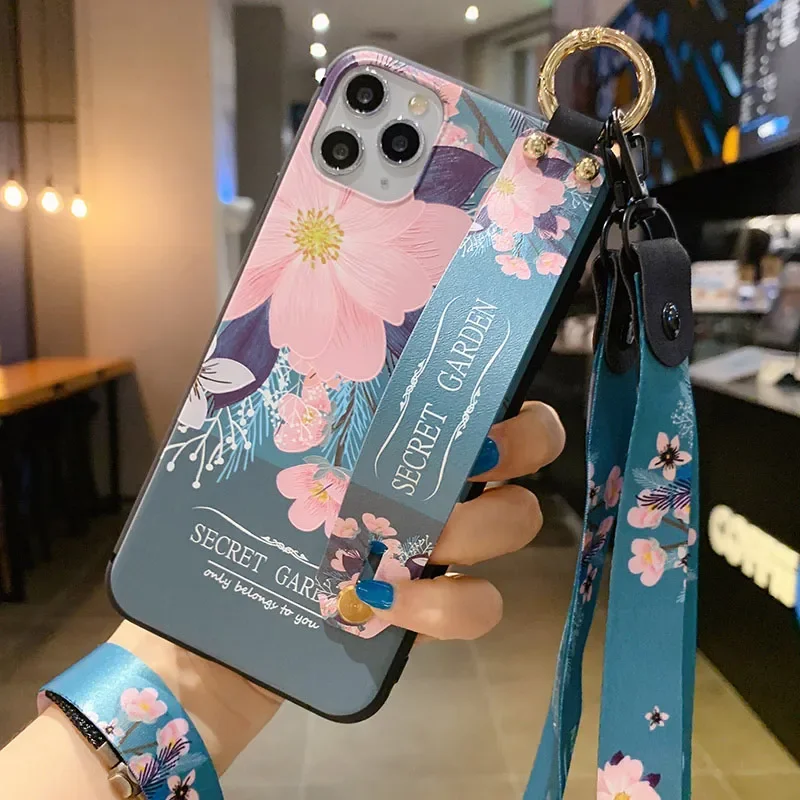 SoCouple Phone Holder Case For iphone 11 12 13 14 15 Pro Max XR X Xs Max Colorful Flower Soft TPU Neck Wrist Strap Lanyard Case