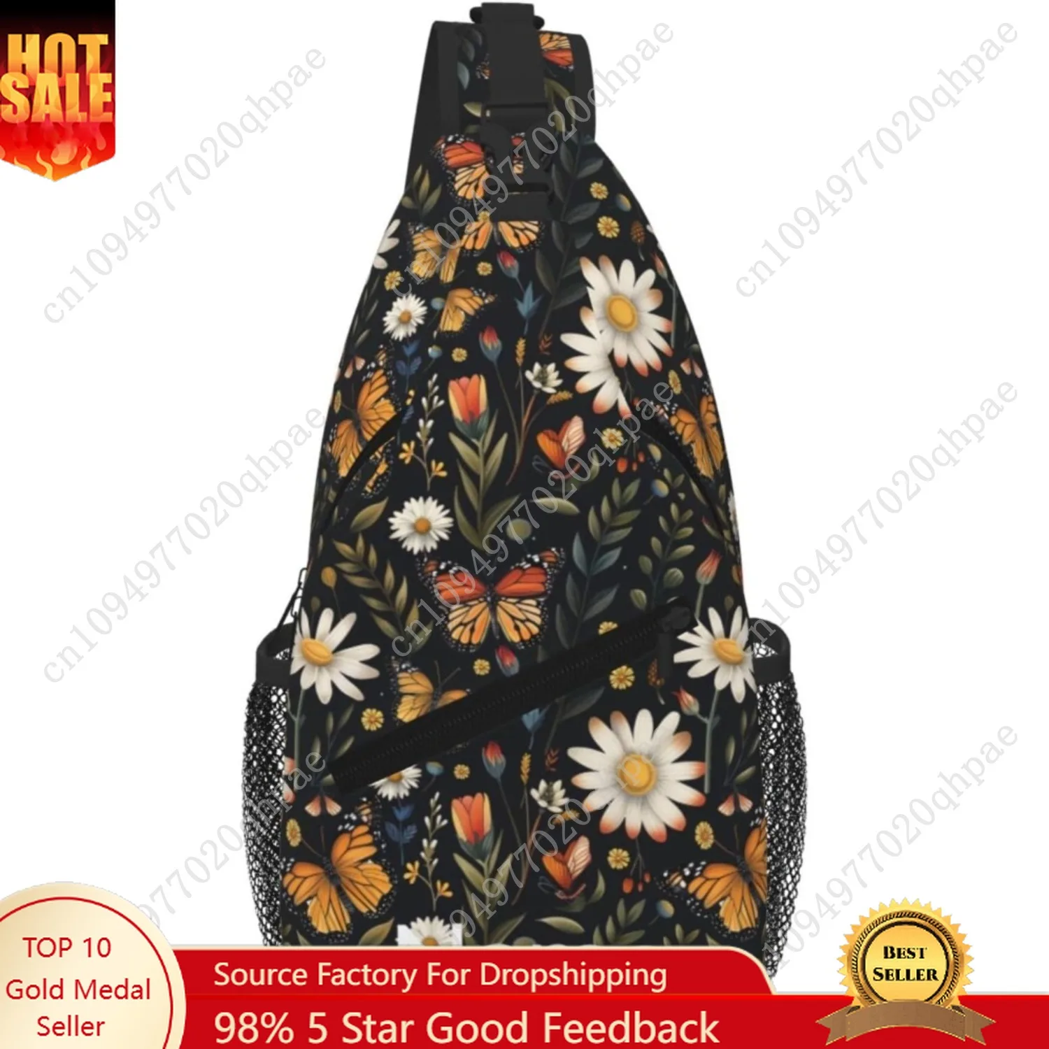 

SUPLUCHOM Custom Sling Bag With Name Vintage Butterfly Daisy Leaf Personalized Hiking Daypack Customized Crossbody Shoulder Back