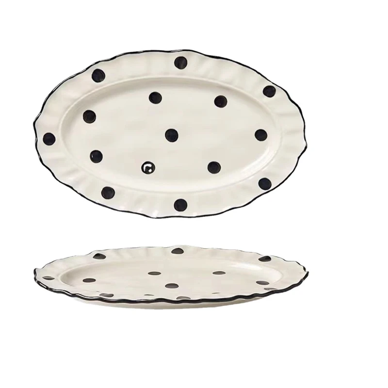 Large Fish Tray, Flower Shape Plate for Food, Polka Dot Pattern, Household Kitchen Ceramic Dinnerware, Bowl Dishes Set