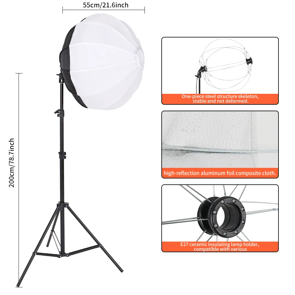 55 ซม.Softbox การถ่ายภาพทรงกลมชุด Professional ระบบแสงต่อเนื่องกล่องนุ่มสําหรับอุปกรณ์สตูดิโอถ่ายภาพ