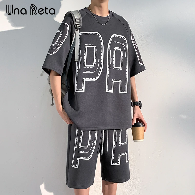 

Una Reta Summer Men Sports Suit New Fashion Casual Short Sleeve T-shirt Shorts Hip Hop Embroidery Stitching Two-piece Set Suit