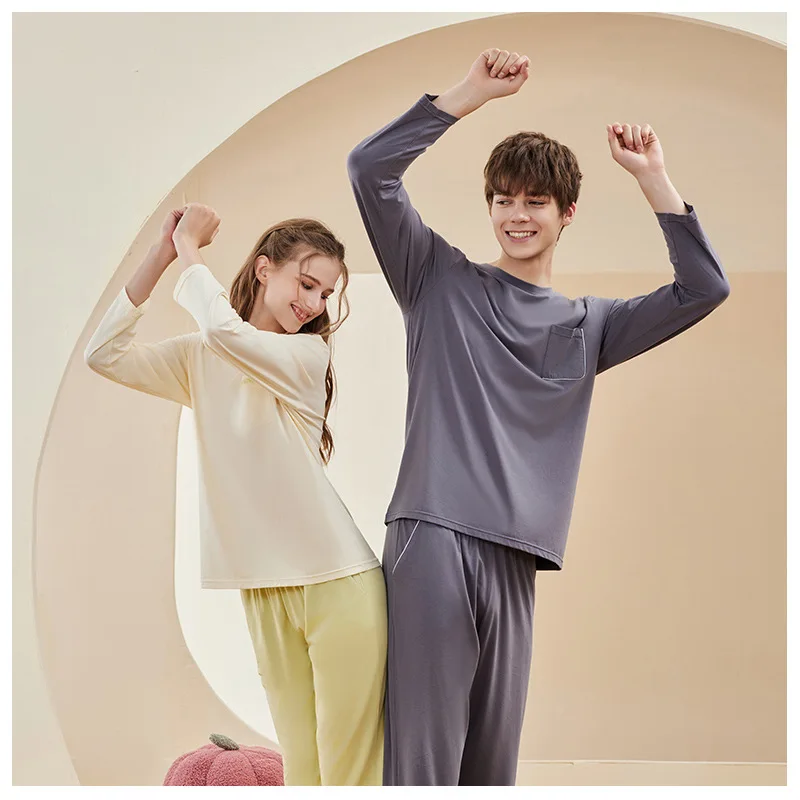 Couple Pajamas Modal Cotton Nightwear Women's Spring Autumn Round Necks Sleepwear Simple Solid Color Long Sleeved Home Wear