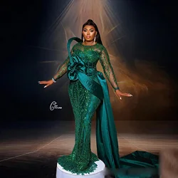 Prom Dress Emerald Green Sleeve Applique Sequins Beaded Prom Gowns Overskirt Formal Dresses for Special Occasions See Through
