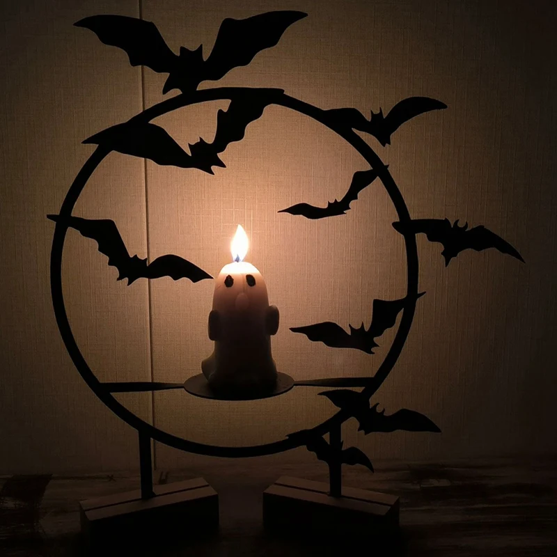 Halloween Candlestick Holder Halloween Statue Candlestick Bat Wall Decor Candle Stand Round Shape Gothic Table Decor