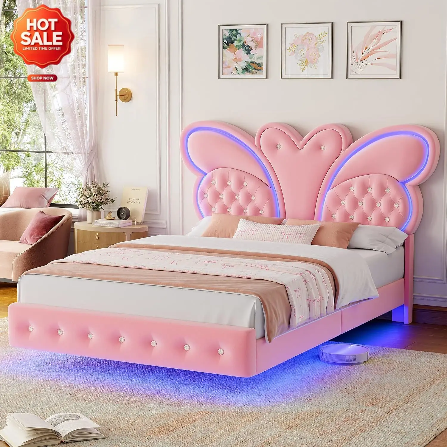 Queen Bed Frame Butterfly-Pattern Upholstered Headboard, Modern Floating Bed with LED Lights Button Tufted on Headboard and Foot