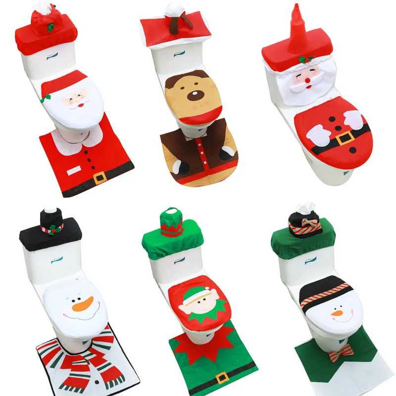 3-teiliges Badezimmer-Dekorationsset mit Weihnachtsthema und Toilettensitzbezug, Teppiche, Tankdeckel, Toilettenpapier-Box-Abdeckung für die Weihnachtsdekoration