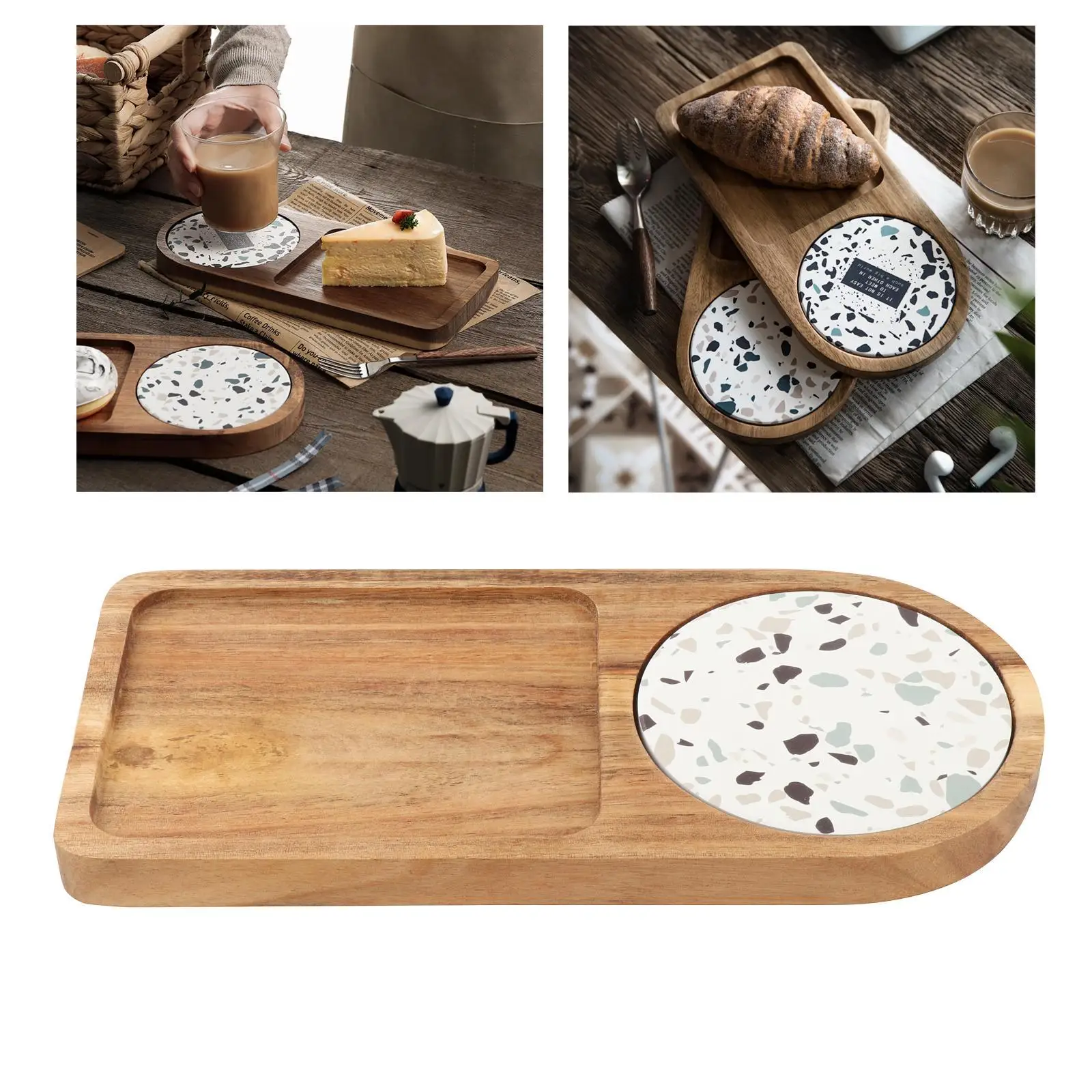 Wooden Serving Tray with Ceramic Coaster High-Quality Food Dish Solid Wood  Board for Party Christmas Steak