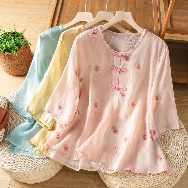 

Chinese-style Women's Blouses Embroidered Vintage Shirts Fashion Loose Summer Clothing Short Sleeves Cotton Linen Women Tops