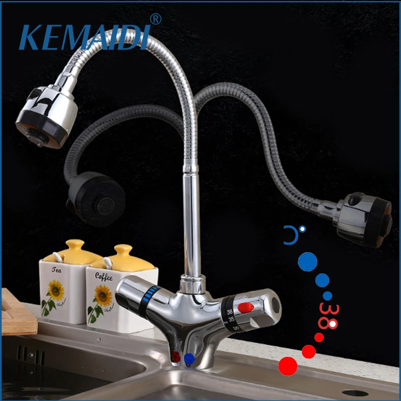 

KEMAIDI Chrome 38° Thermostatic Kitchen Faucet Mixer Crane Tap Deck Mount Dual Handle Rotation Brass Sink Mixers Thermostate