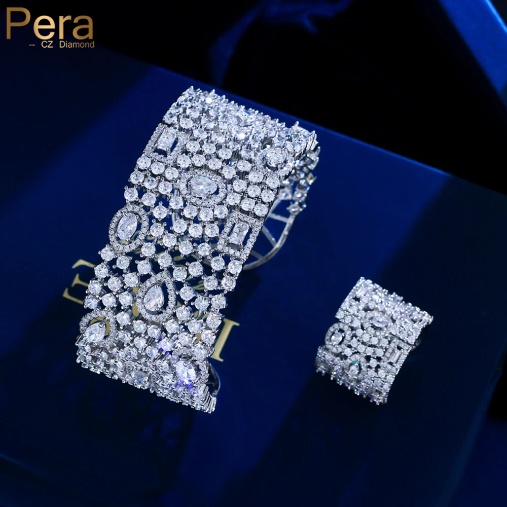 

era Gorgeous Sparkling CZ Big Wide Open Cuff Bangle and Ring for Women Silver Color Wedding Engagement Party Jewelry Sets Z071