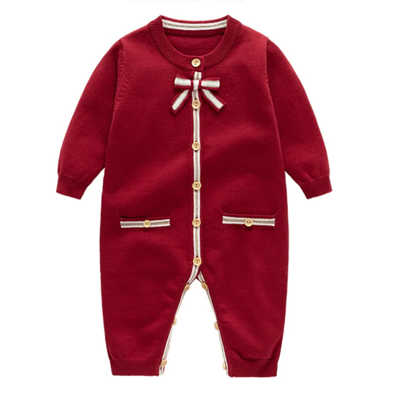 Autumn Winter 0-24M New Year Children Knitted Clothes Infant Baby Girls Red Knitted Jumpsuit Toddler Baby Girl Knitted Romper