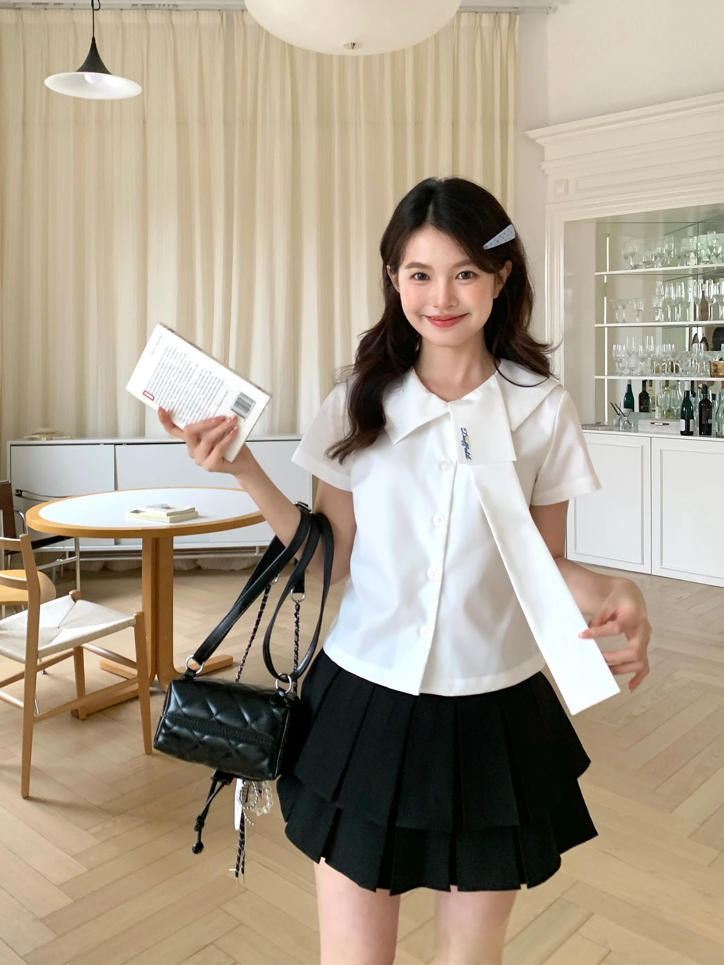 

Tokyo Annual Design JK Spring Summer Irregular Collar Sweet Style White Short Sleeve Shirt Breathable Comfortable Polyester F...