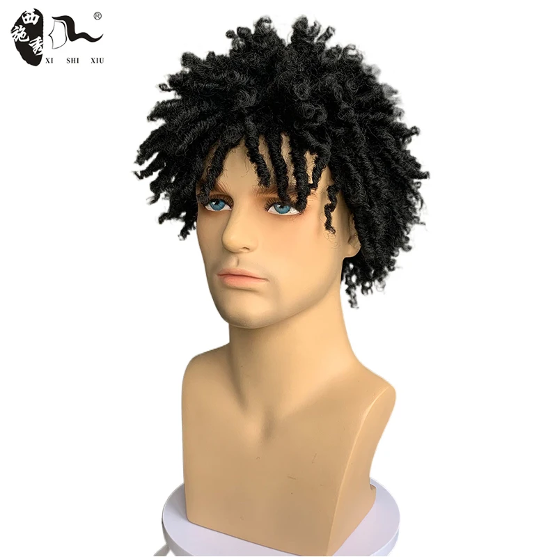 Short Black Braided Hair Dreadlock Synthetic Wigs With Bangs For Young Men Heat Resistant Fiber Afro Kinky Curly Male Party Wigs