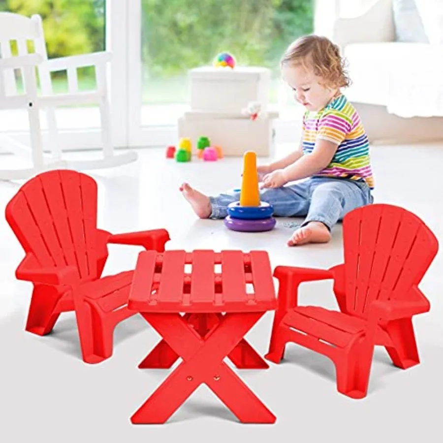 

Outdoor toddler activity table and Adirondack chairs set for picnic, garden, patio, backyard beachred plastic, lightweight, UV-