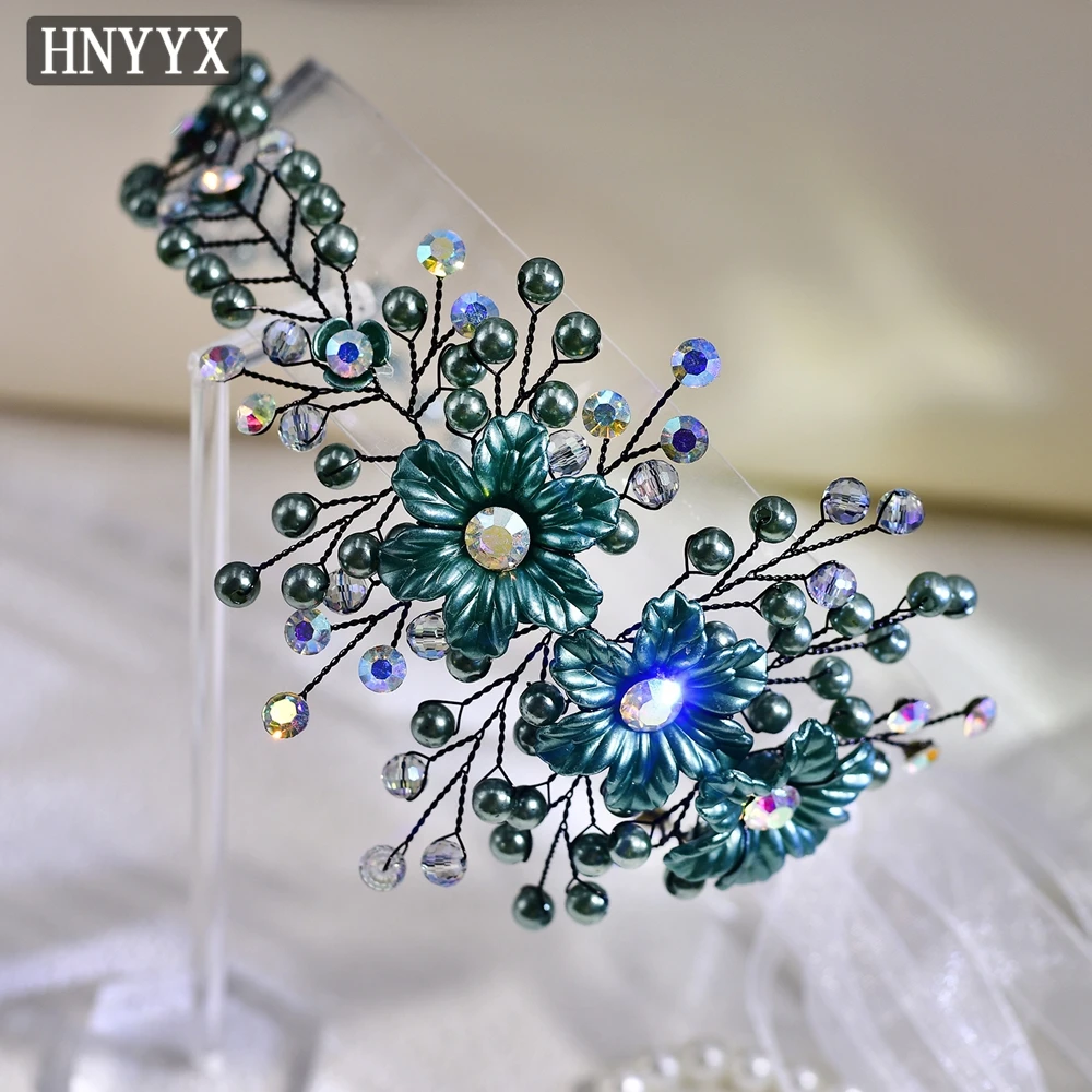 HNYYX Retro zielone Rhinestone akcesoria do włosów kolorowy kryształ zroszony biżuteria stop kwiatowe nakrycia głowy eleganckie damskie Tiara A224