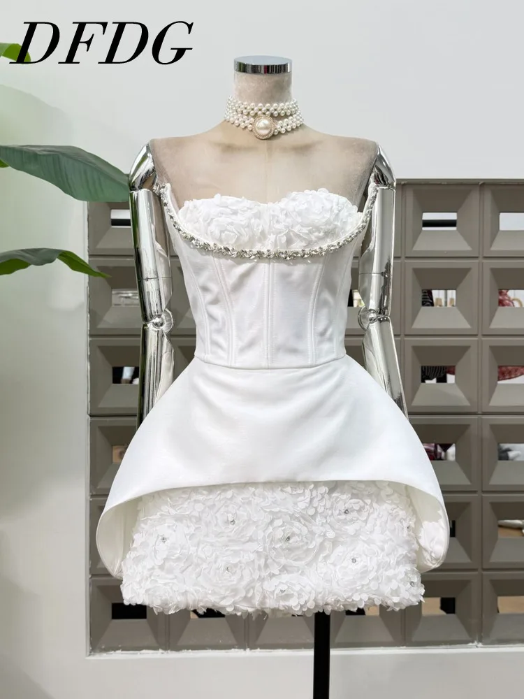 

DFDG Women’s 2025 Backless Evening Gown Heavy Beadwork Tube Top Bouffant Dress Elegant Asymmetric Spring Summer Party Dress