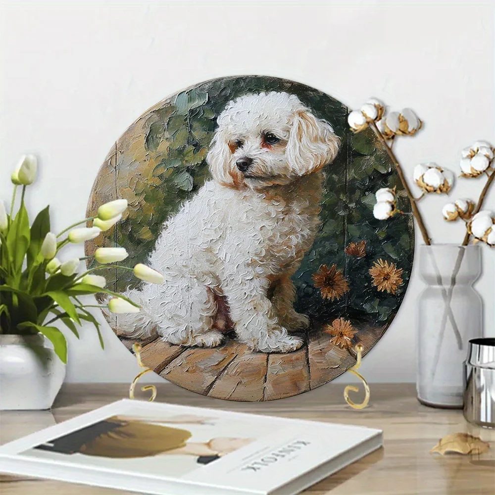 

Aluminum Metal Sign Faux Stained Glass Circular Wreath Entrance Decoration Valentine's Day Gifts Bichon Frise Themed wall decor