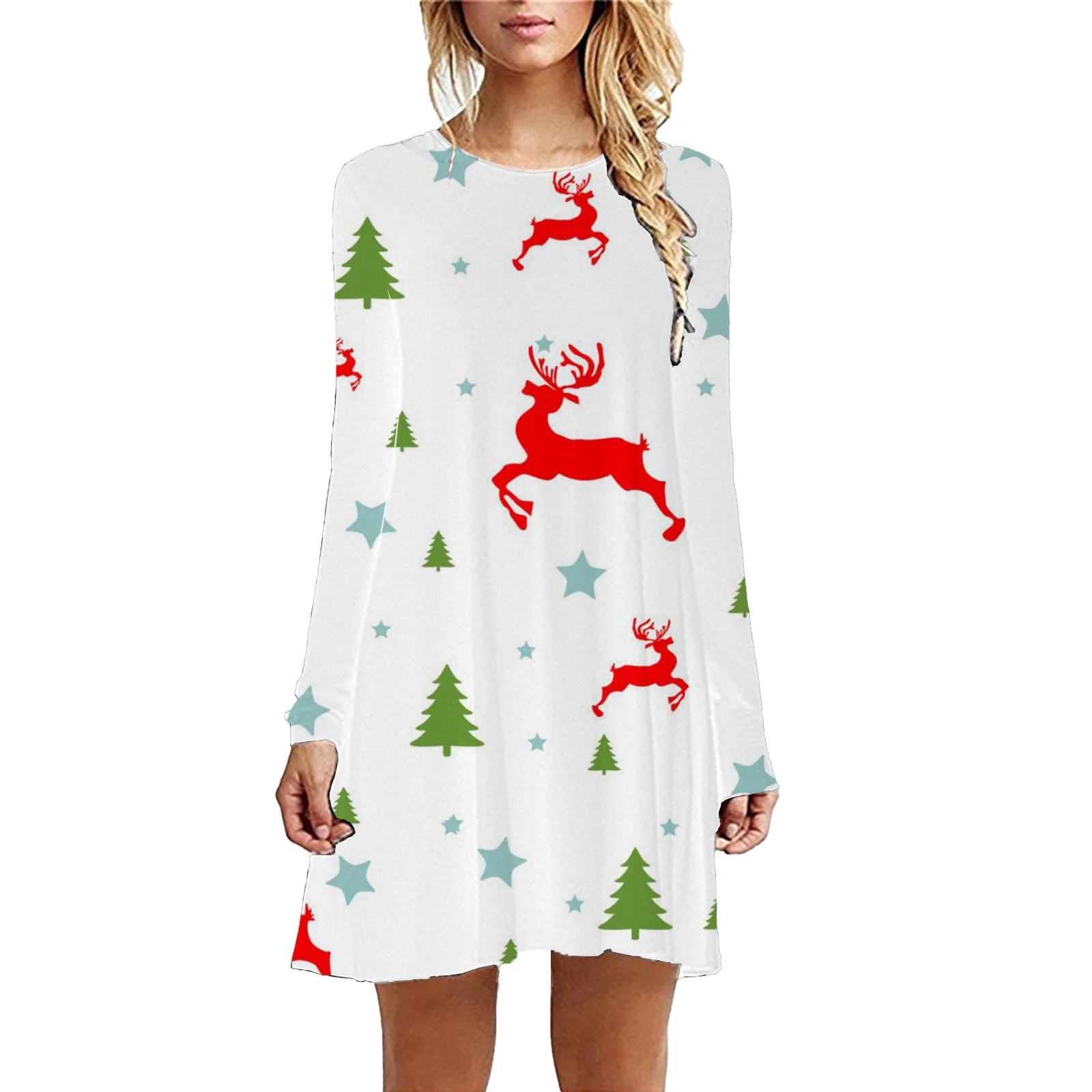 New 3d Printed Christmas Collection Women's Long Sleeved Loose A-line Version Large Swing Round Neck Dress Elegant Women's Dress