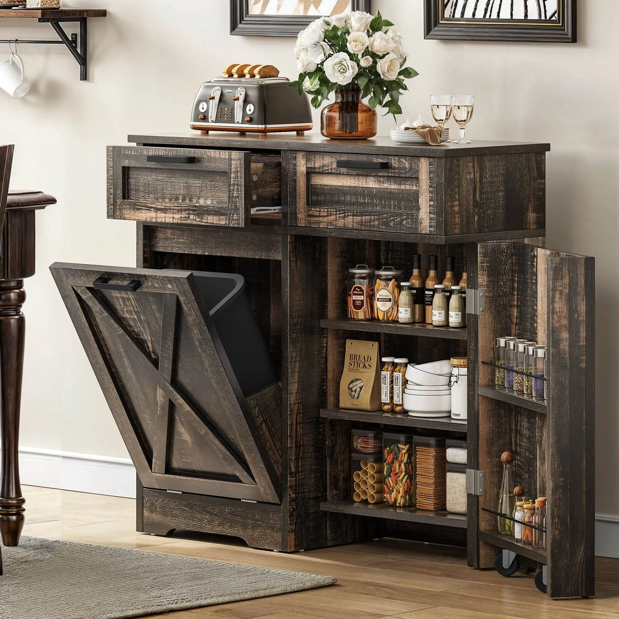 Brown Kitchen Storage Cabinet with Drawers, Wheels - Spacious and Mobile Storage Solution for Your Home