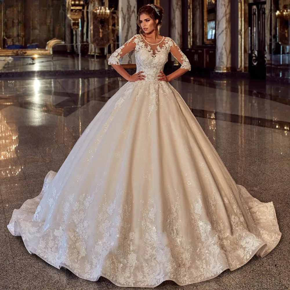 

Princess Wedding Dress For Women O-Neck Appliques Half Sleeves Lace Up Back Shiny A-Line Bridal Gown Robe De Mariée