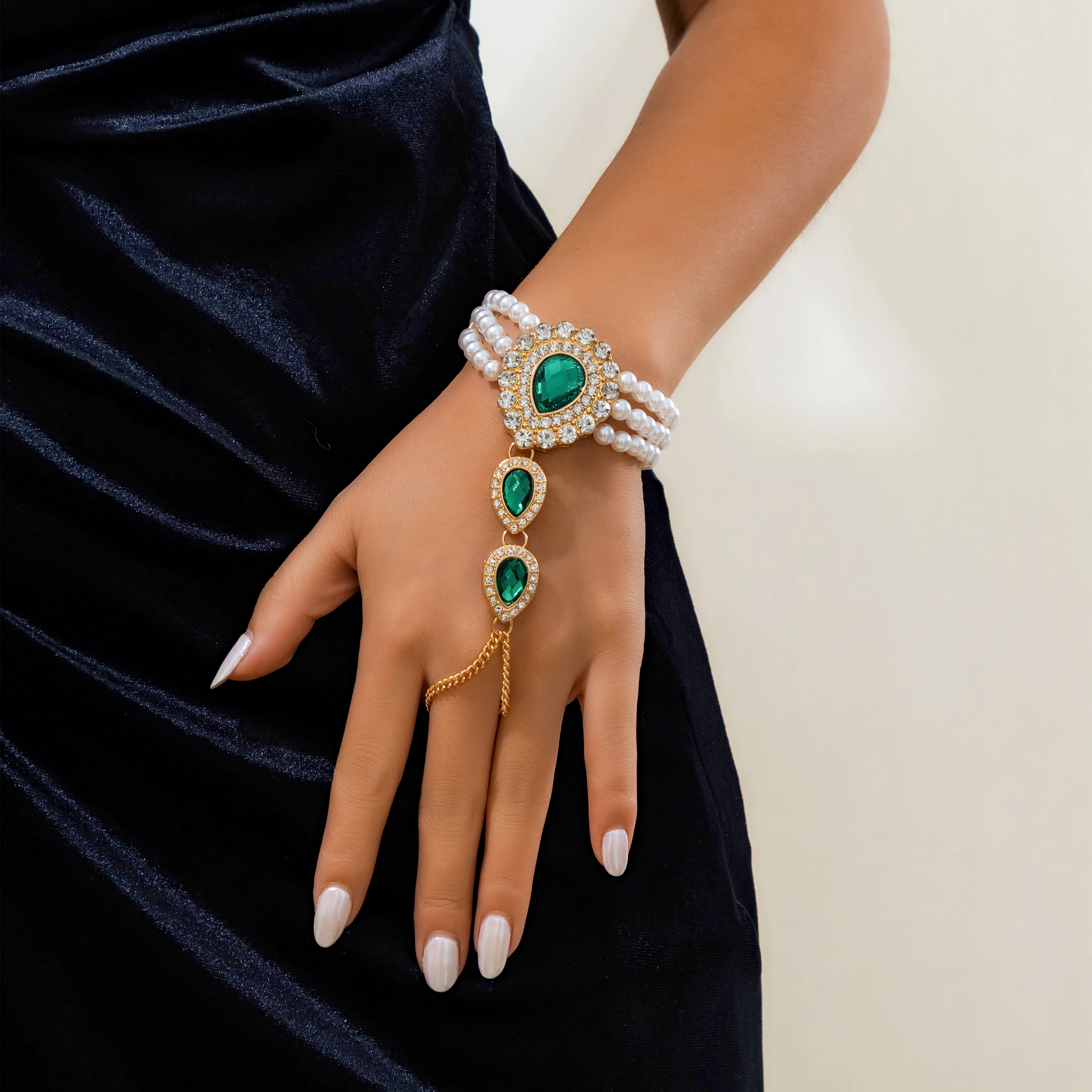 KunJoe Luxury Green Rhinestone Droplet Connected Finger Chain Bracelet Women Elegant Multi-layer Imitation Pearl Bracelet