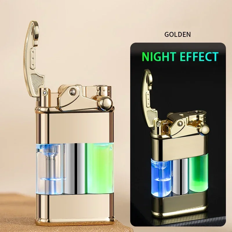 HOT Metal Rocker Arm Luminous Quicksand Windproof Butane Gas Lighter Transparent Oil Tank LED Light Green Flame Lighters Smoking