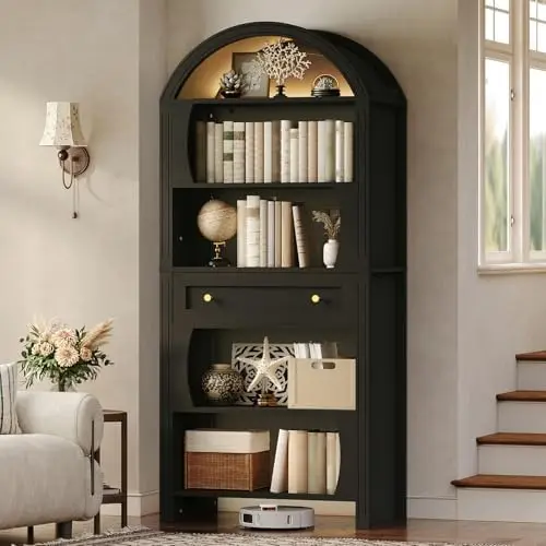 Arched Bookshelf, 70.3" Farmhouse Tall 6-Tier Book Shelf with Drawer, Wooden Bookcase with Open Shelves and LED Lights