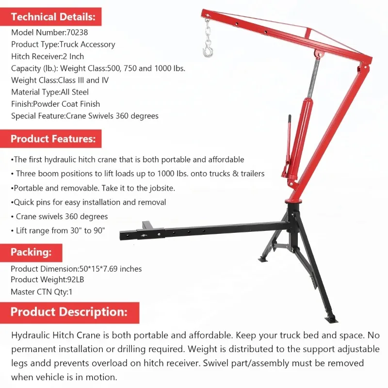 Hydraulic Pickup Truck Crane, 1000 lbs Capacity, 360° Swivel, Hitch Mounted Crane with 3 Adjustable Capacities of 500Lbs 750 Lbs