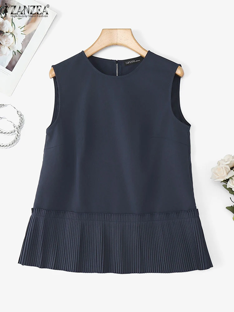 

ZANZEA топы без рукавов, женские летние футболки, модные майки 2025 года, однотонный топ с рюшами, повседневная свободная корейская стильная рубашка