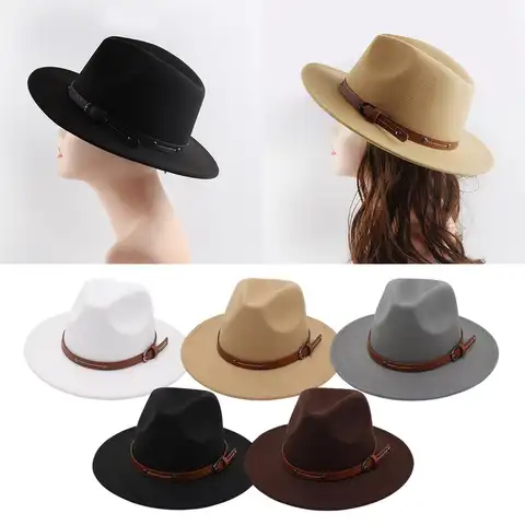 Wool Fedora Hat Rivet Belt Buckle Cowboy Hat British Flat Brim Felt Cap Church Top Caps Fashion Wide Brim Outdoor Jazz Hats