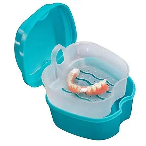 

Denture Storage Box with Strainer, Travel-Friendly Retainer Holder and Net Basket, Green
