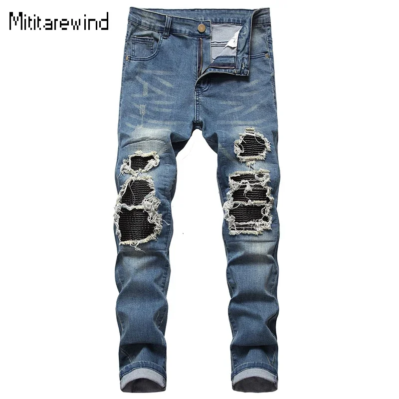 

American High Street Ripped Jeans for Men Skinny Pencil Pant Full Length Stretch Blue Jeans Youth Trend Trousers Y2k Streetwear