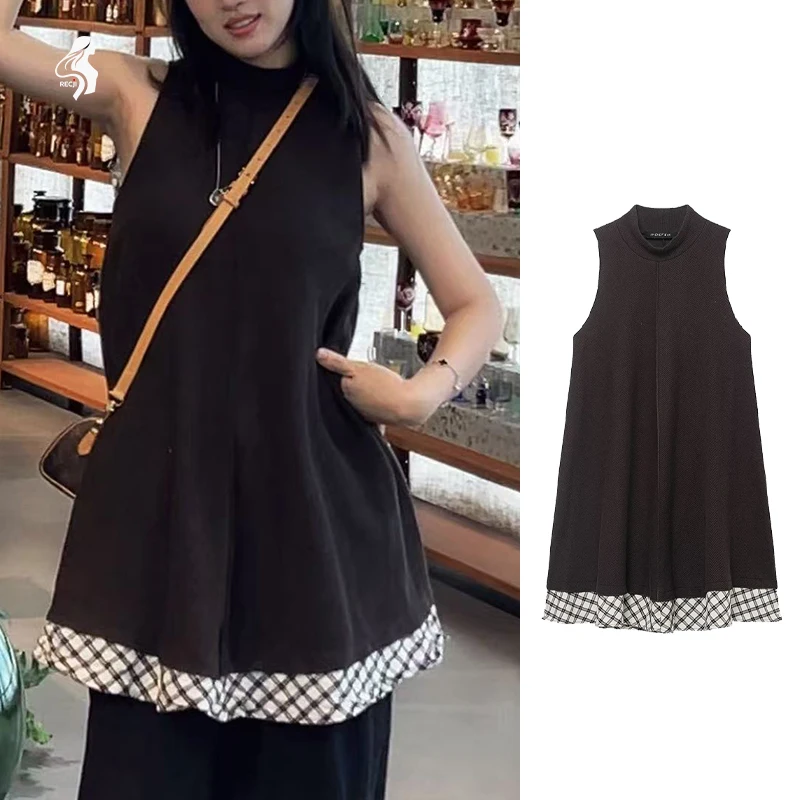 Womens Dress Sleeveless Semi High Collar Plaid Patchwork Short Fashionable Dress A Must Have Item For Spring And Autumn