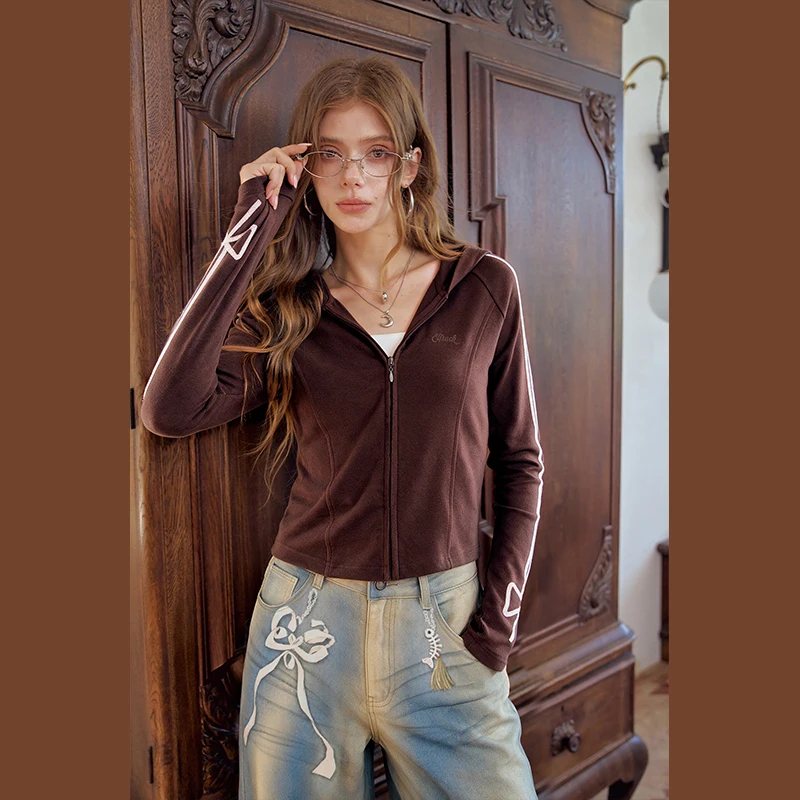 ELFSACK Zip Up Hooded Jacket with Bow Side Stripe, Asymmetrical Crop Coat, Casual Long Sleeve Top for Daily Wear