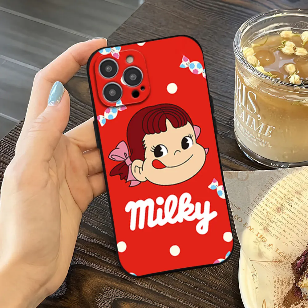 Cartoon Milky Peko Phone Case For iPhone 11 12 13 14 15 16 Max Pro Plus Black Soft Shell