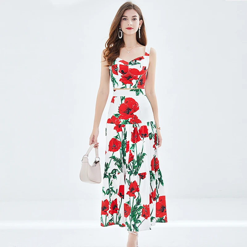 

2023 New Summer Women Sweet Rose Flowers Skirt Suits Sexy Camisole Crop Top And High Waist Big Hem Long Skirt Two Piece Set