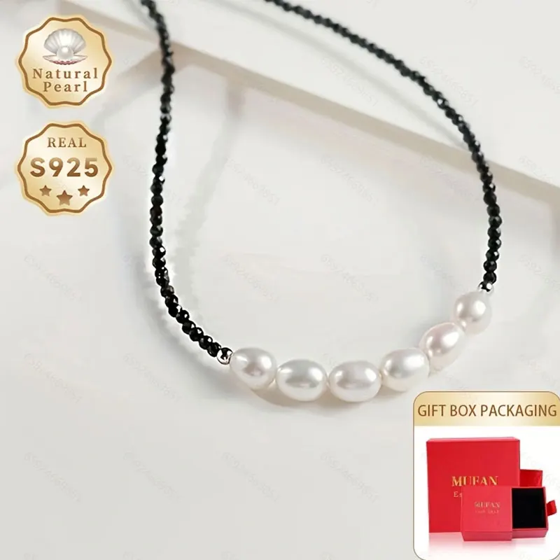 

Mufan Jewelry Fashion Pearl Necklace for Ladies 6-7mm round Natural Freshwater Black Beads S925 Silver Gift Box Included