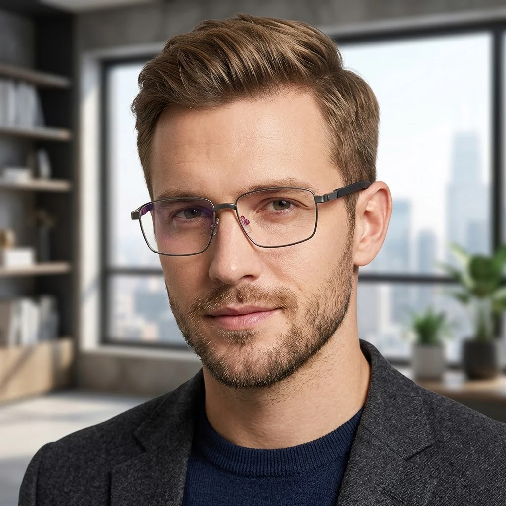 JMISUS Sports Square Metal Alloy Progressive Multifocal Glasses Anti-Blue Ray Photochromic Grey Prescription Eyeglasses