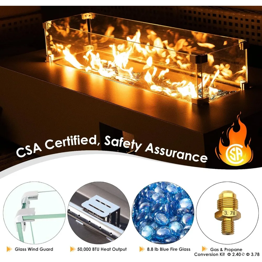 Moderner rechteckiger Feuerstellentisch für den Außenbereich, 42 Terrassenfeuerstelle mit Tanktisch, 50.000 BTU Low-Profile-Design