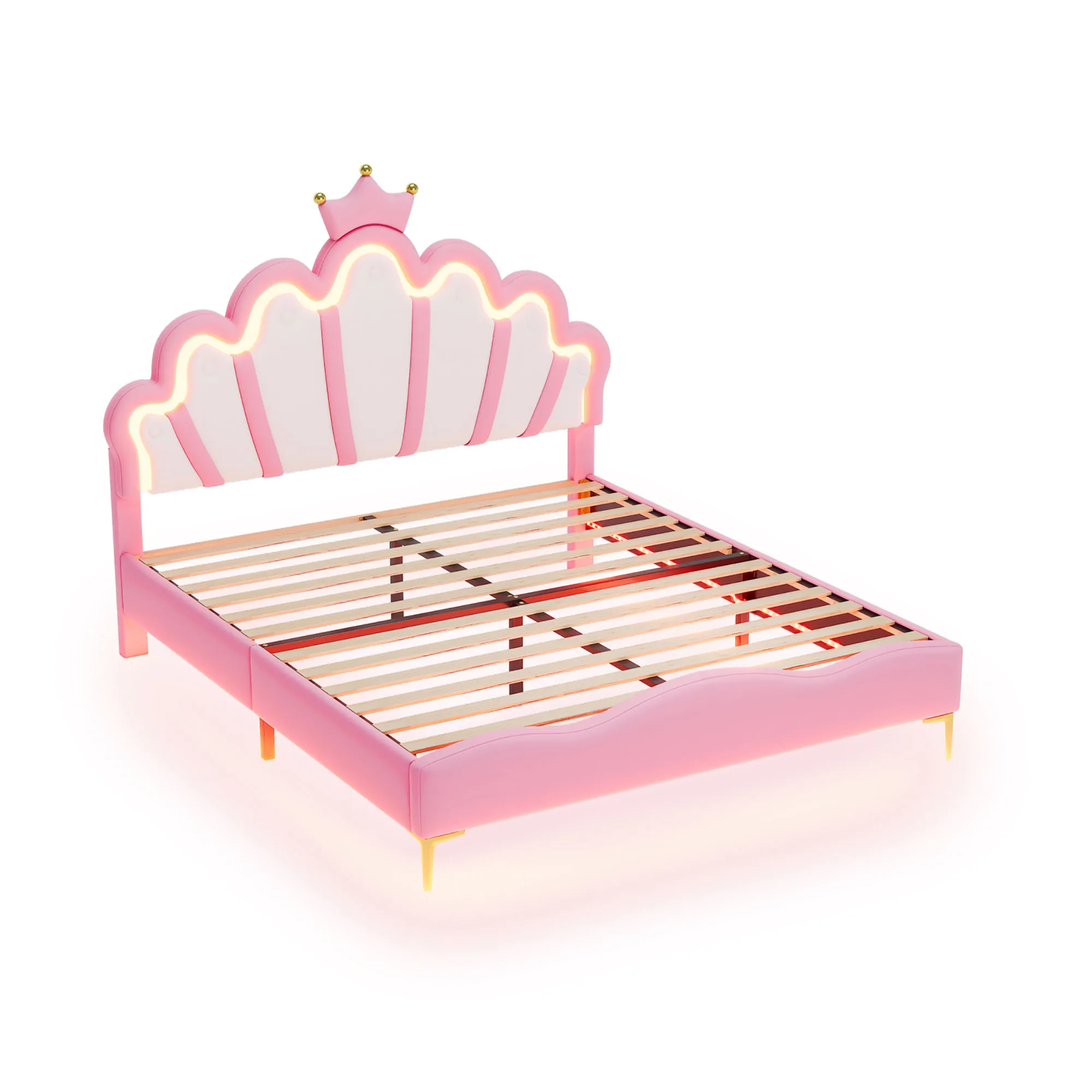 Letto matrimoniale piatto 140x200 cm, letto principessa a forma di corona, rivestimento morbido in pelle PU, struttura letto per bambini per ragazza