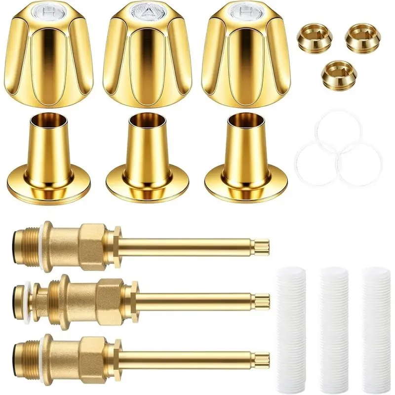 TFORU-Shower Knob Replacement Kit- 3 Handle 3 Knob Valve Set In Polished Gold For Pfister Verve Model Code 39619(12H-2H/2C/18D)