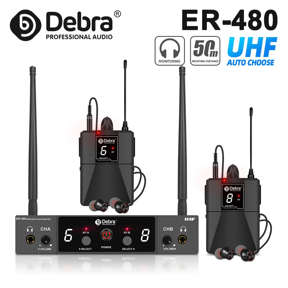 ER-480 Профессиональная беспроводная система монитора, UHF 16 предустановленных частот 500-700 МГц, диапазон 50 метров, для полос, студий