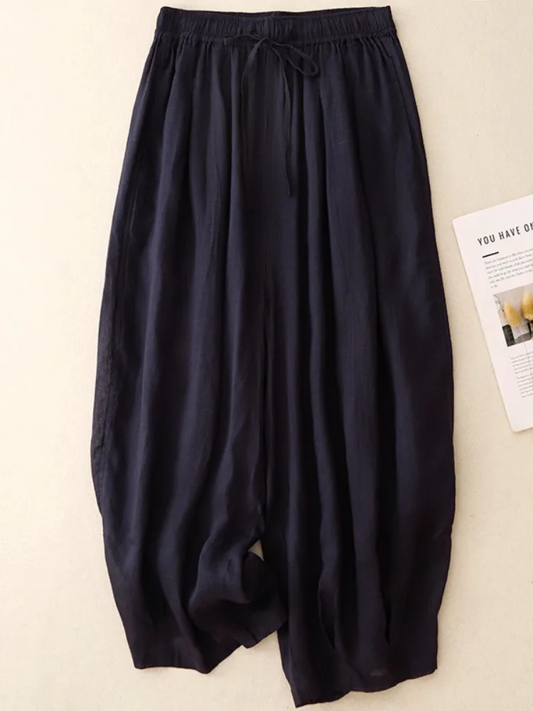 Künstlerische doppellagige Hanf-Laternenhose für Damen, Sommer, elastische Taille, lockeres, weites Bein, neun Punkte, Baumwollleinen, Freizeithose