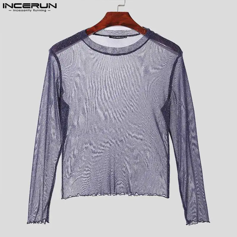 2024 Men T Shirt Mesh Transparent Shiny O-neck Long Sleeve Sexy Camisetas Streetwear Party Fashion Men Clothing S-5XL INCERUN