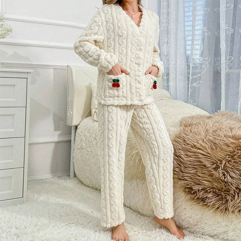 

Winter Flannel Fleece-Lined Sleepwear Women's Long Sleeve Warm Thickened Pyjamas Home Clothes Cardigan Nightwear Suit Pjs