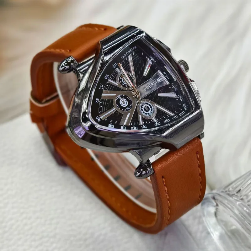 New Luxury Men Triangular Hollow Quartz Watch, Silicone & Leather Strap Fake Mechanical Wristwatch Business Sports Male Clock