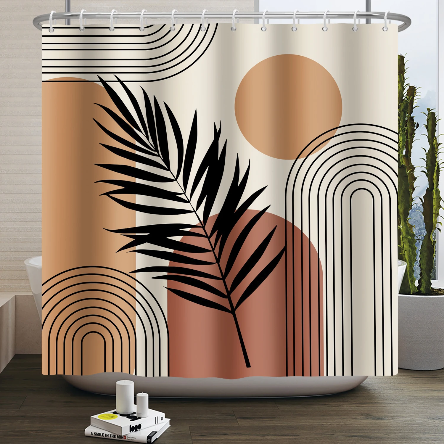 Abstract Boho Shower Curtain Modern Mid Century Minimalist Leaf Plant Arch Sun Bohemia Waterproof Bathroom Bath Curtain Decor