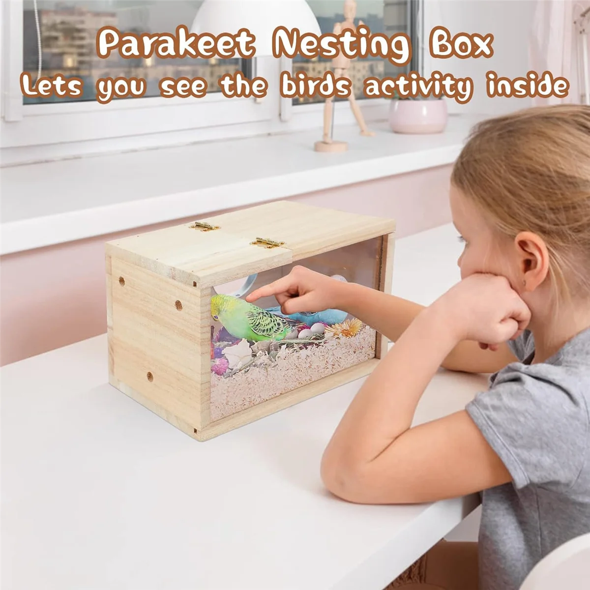 Parakeet Nesting Box Transparent Bird House for Cage Wood Breeding Box for Parrot Parakeet Cockatiel Lovebirds