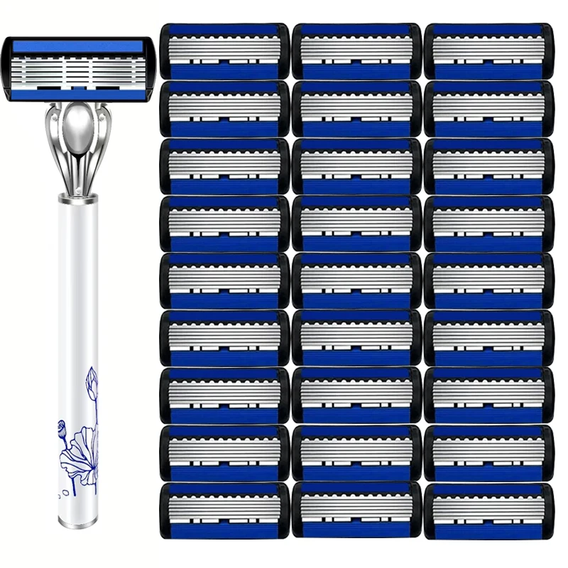 Blue and white porcelain 6-layer men's shaver blade, classic shaver, stainless steel replaceable blade, suitable for men's facia